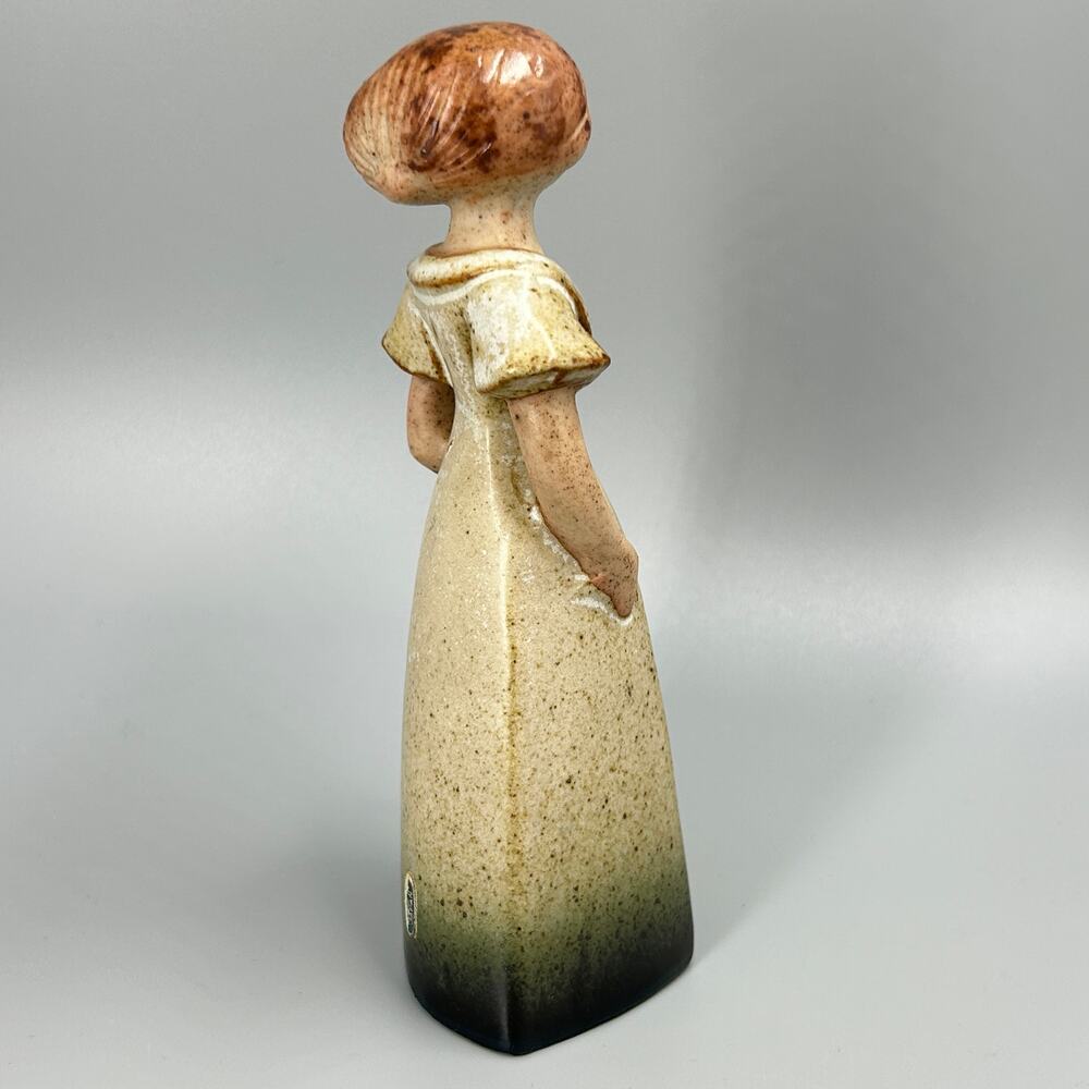 Vtg 70’s Speckled Stoneware Woman Carrying Basket Flower Vase Figurine Japan Mad - Picture 2 of 9